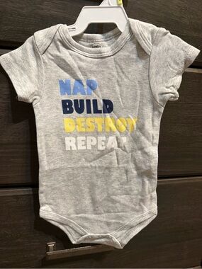 Luvable Friends Grey One-Piece with Blue, Navy, Yellow and White Lettering